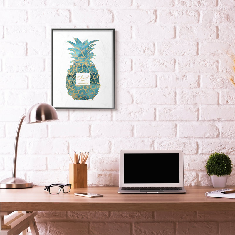 «Fashion Designer Pineapple Blue Gold», art textuel, H 20 po x l 16 po, Giclée encadrée noir minuit