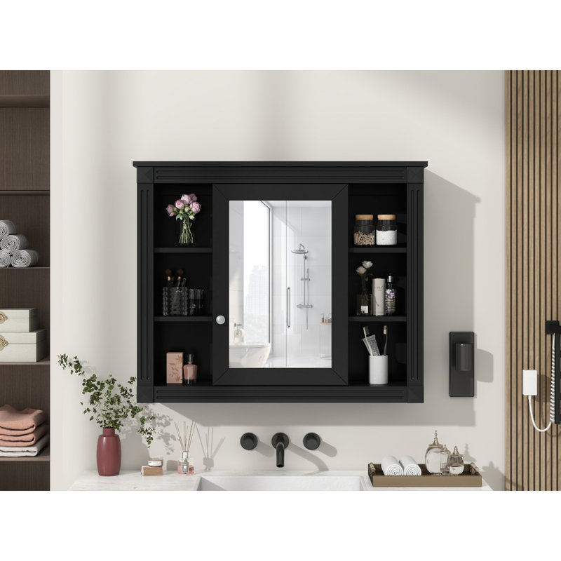 Chic Wall-Mounted Bathroom Storage Cabinet with Mirror & 6 Open Display Shelves