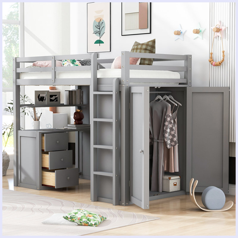 Lit mezzanine moderne avec tiroirs, bureau et garde-robe, Gris, Simple