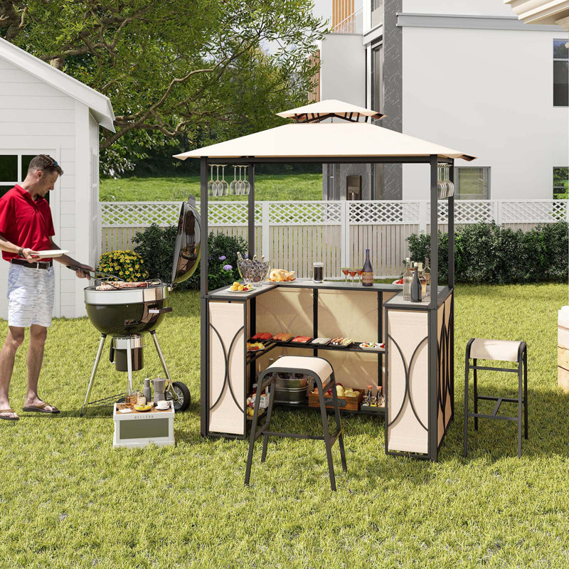 Ensemble de bar de patio en métal 3 pièces avec tablettes de rangement , Brun