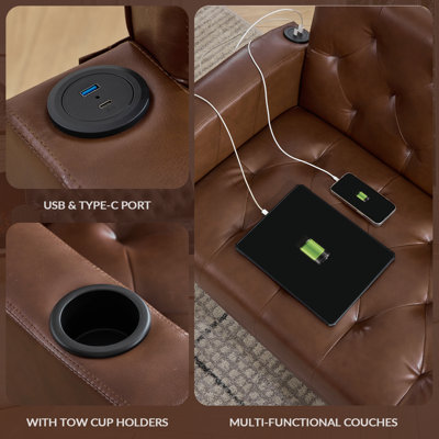 Ensembles de salon capitonnés en similicuir avec ports USB et porte-gobelets