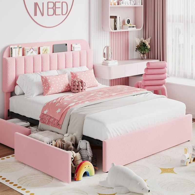 Cadre de lit plateforme, cadre de lit pour enfant avec tête de lit avec rangement, 2 tiroirs roulants, cadre de lit silencieux, aucun sommier nécessaire