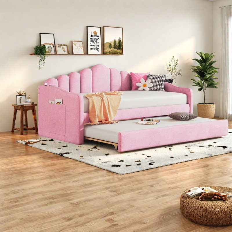 Lits simples tapissiers modernes, velours avec USB, lit de jour rose peu encombrant