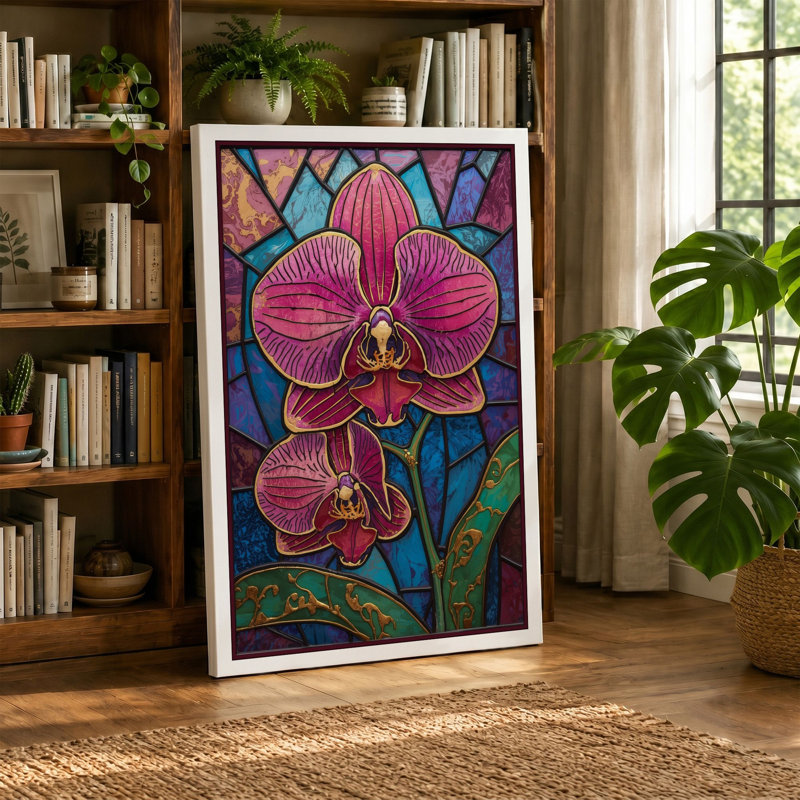 Stained Glass Orchids Botanical - Wrapped Canvas, 36x24 - 91.4 x 61.0 cm, Sage Border