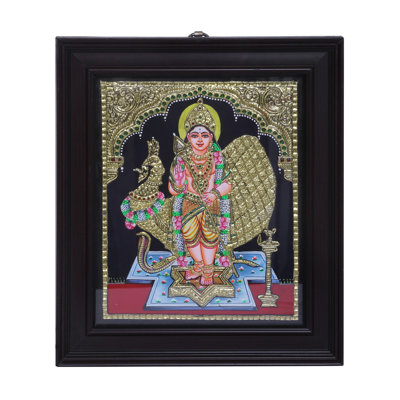 Karttikeya debout (Murugan) | Couleurs traditionnelles avec or 24 carats | Structure en bois de teck