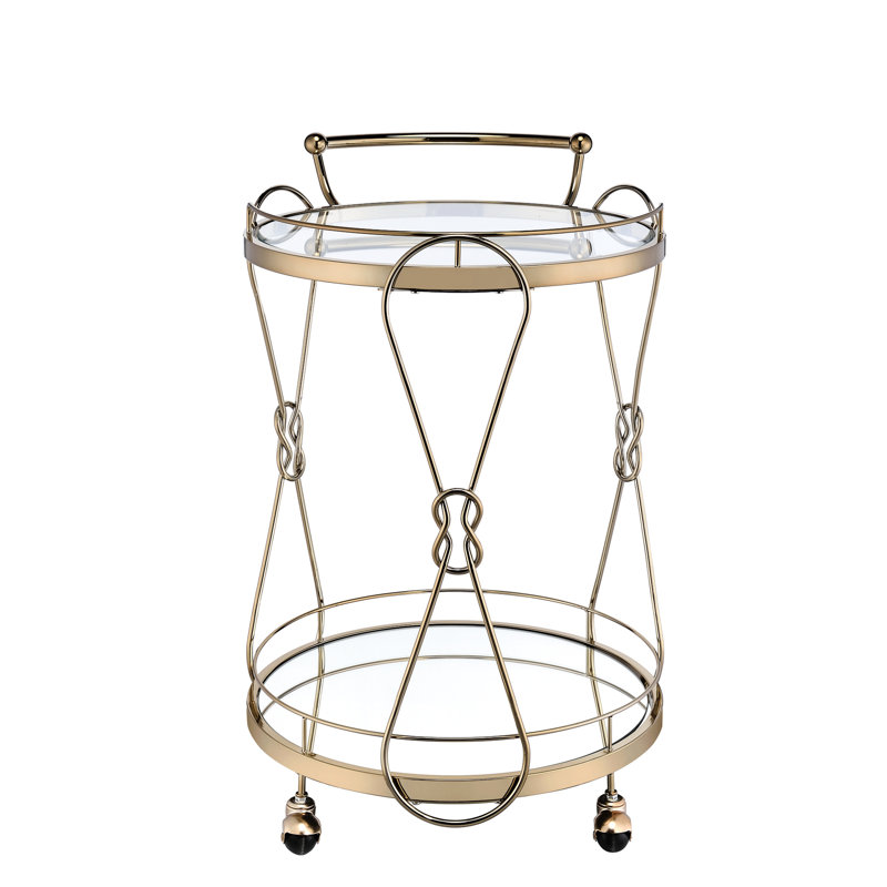 Superbe chariot de service à champagne, 2 compartiments ouverts pour le rangement, tablette en verre trempé transparent, base en miroir de 5 mm, cadre et poignée en métal, roulettes utiles, conception ronde colorée, rangement