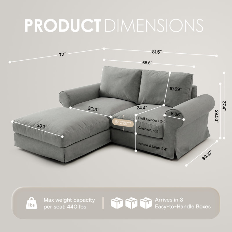 Canapé capitonné 2 places avec pouf, accoudoirs arrondis et base à jupe, gris, Gris
