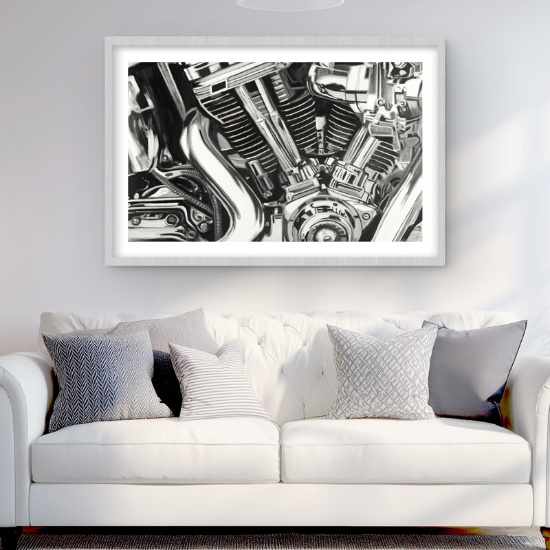 Mécanisme d'une moto - reproduction encadrée en noir et blanc, H 24 po x l 36 po