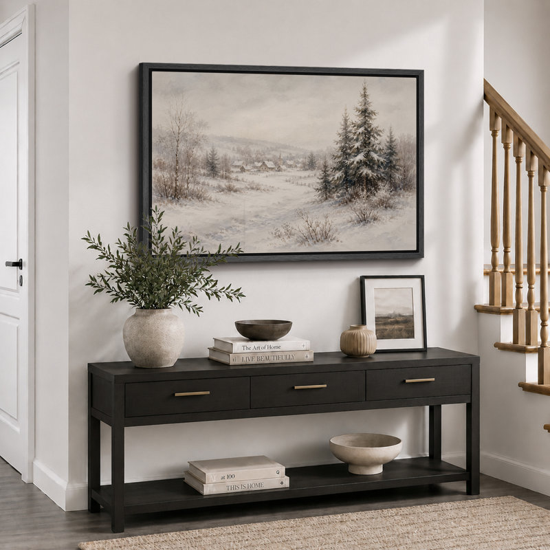 «Snowy Village Winter Landscape», chambre à coucher, impression sur toile encadrée, impression sur toile, Cadre noir