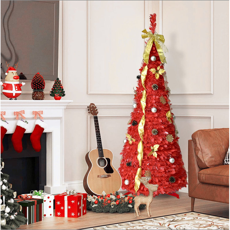 Arbre de Noël 6 pi avec 150 lumières DEL blanc chaud, ornements inclus - 4 rubans, arc, fleurs, flocons de neige, pommes de pin et boules - Assemblage facile et décoration de Noël peu encombrante