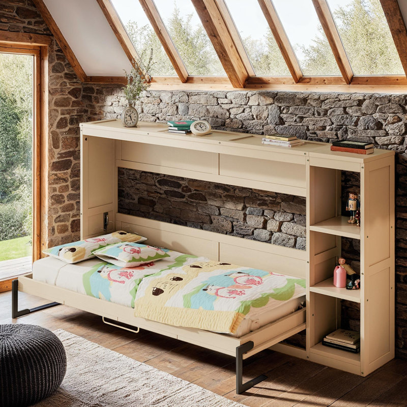 Charmant lit simple escamotable avec 3 supports de rangement, lit pliant peu encombrant pour une vie confortable, Brun