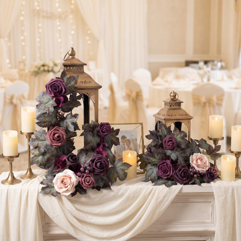 Ensemble de 2 guirlandes florales artificielles de roses violet foncé, 60 cm de long, avec ruban, pour décoration d'arche ou de mur de mariage.