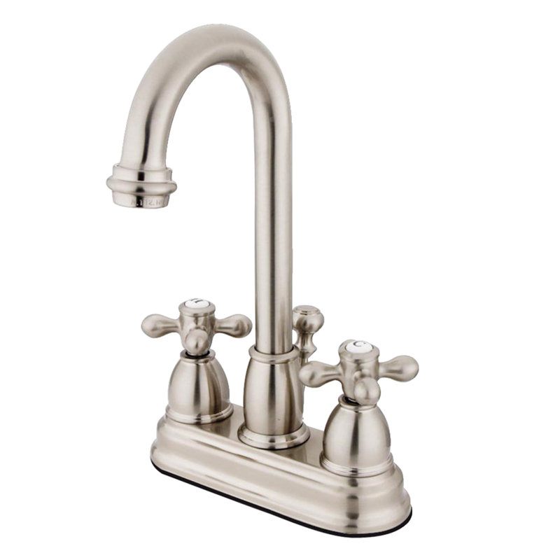Kingston Brass Restoration Two-Handle 3-Hole Deck Mount 4" Centerset Bathroom Faucet with Plastic Pop-Up, Brushed Nickel