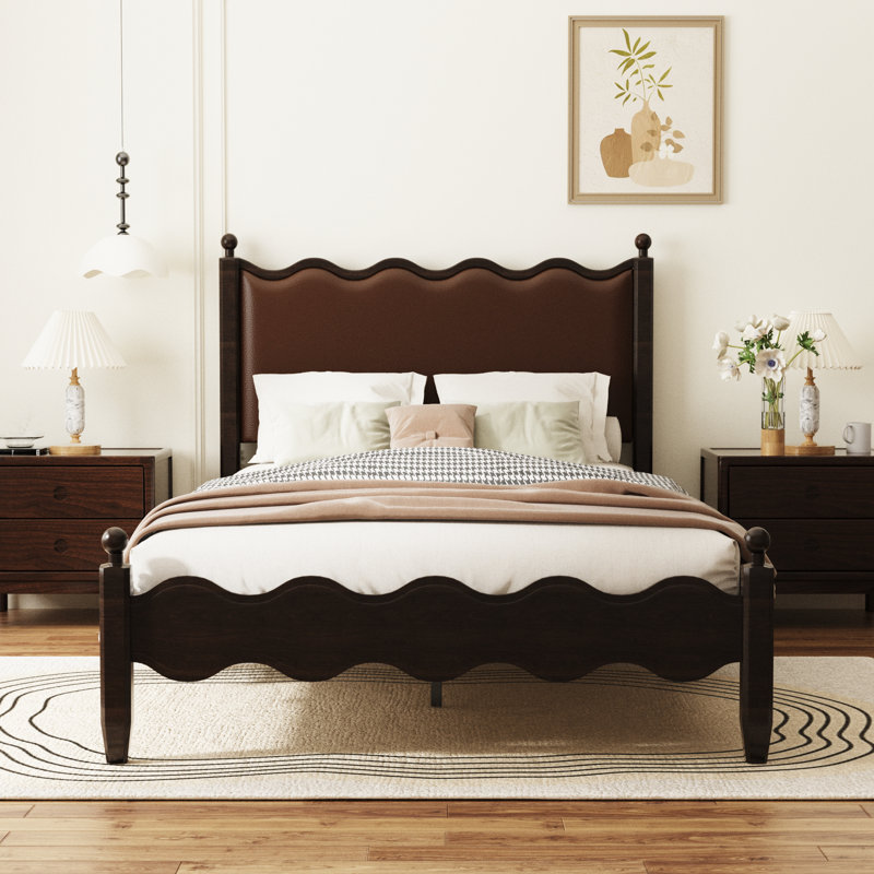 Ines Wood Bed Frame with Upholstered Headboard - Vegan Leather Upholstery, Full / Double, Brown
