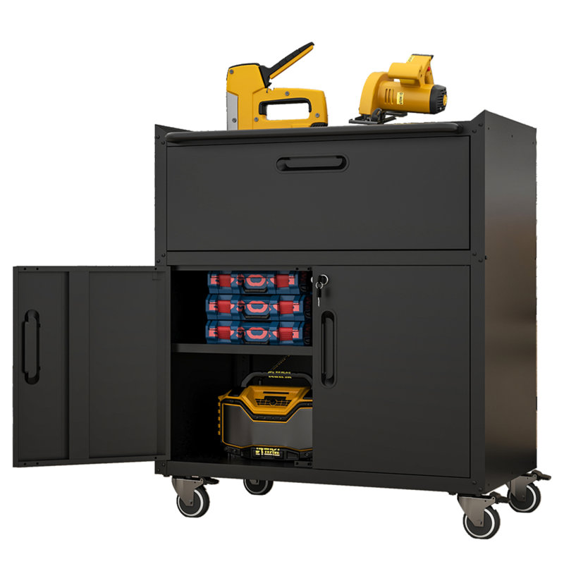 Armoire à outils en métal robuste et durable pour le garage avec roues - Armoire de rangement mobile robuste avec 1 tiroir et 2 portes verrouillables, armoire de rangement à outils roulante, noire et grise
