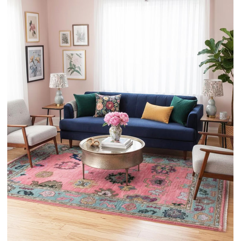 Tapis oriental en laine noué à la main rose et bleu Oushak - 4 pi x 6 pi