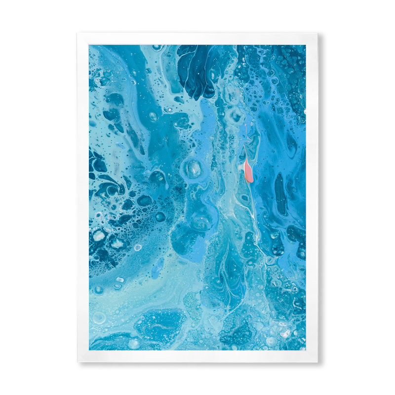 Turquoise, vagues de marbre fluides - peinture sur toile, H 32 po x l 24 po, Cadre photo blanc