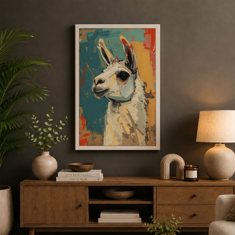 Serene Llama Modern - Wrapped Canvas, 36x24 - 91.4 x 61.0 cm, Teal Border