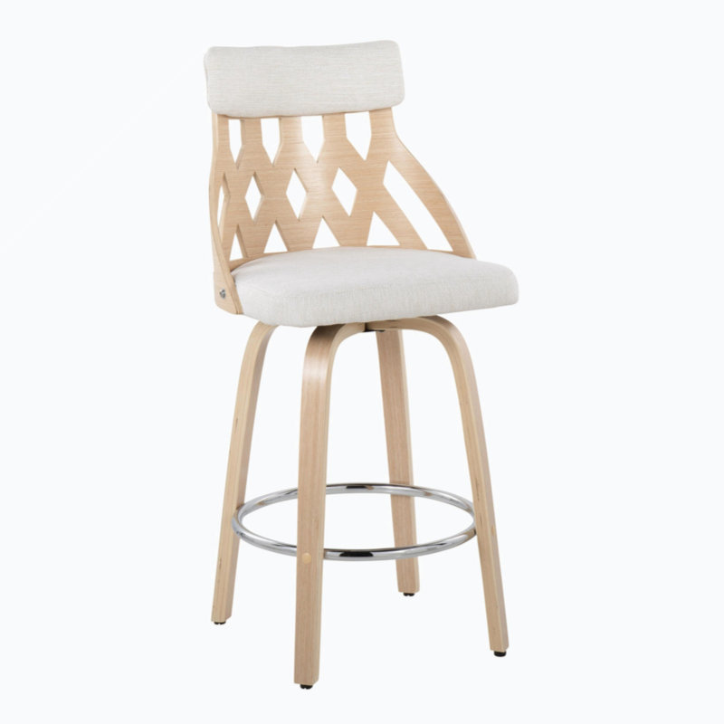 Tabouret de comptoir Mid-Century moderne de 26 po en bois naturel et tissu crème avec repose-pieds chromé par Lumisource