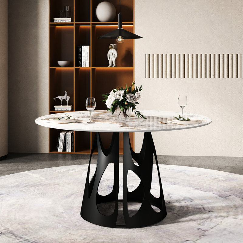 Table de salle à manger ronde blanche pour 6 personnes, pierre frittée avec base en fer noir, 53 po
