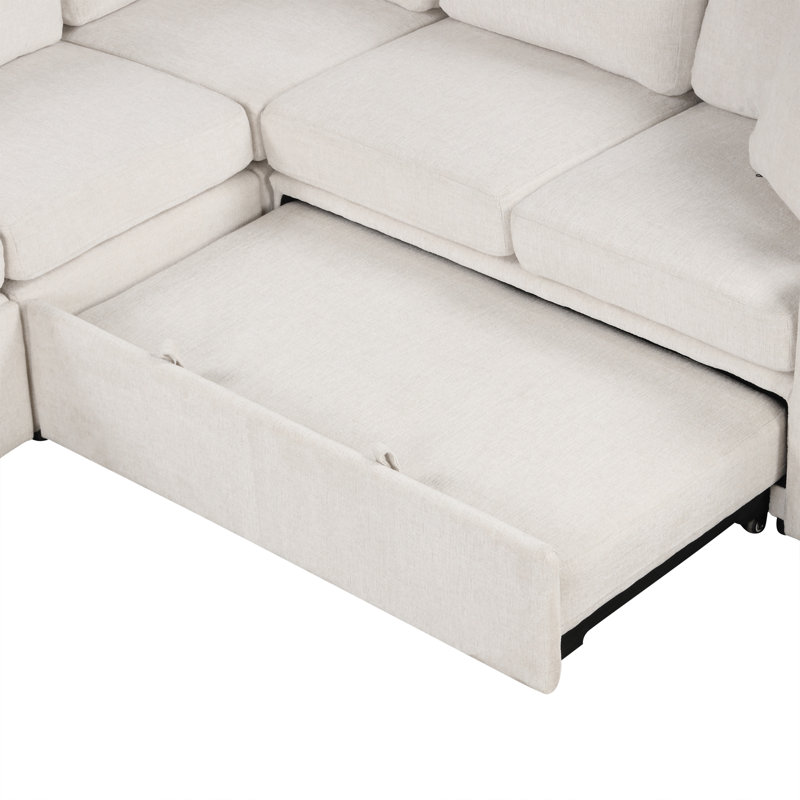 107.1" Sectional Sofa Convertible Pull-Out Sofa Bed U-Shaped Sofa For Living Room, Beige Chenille