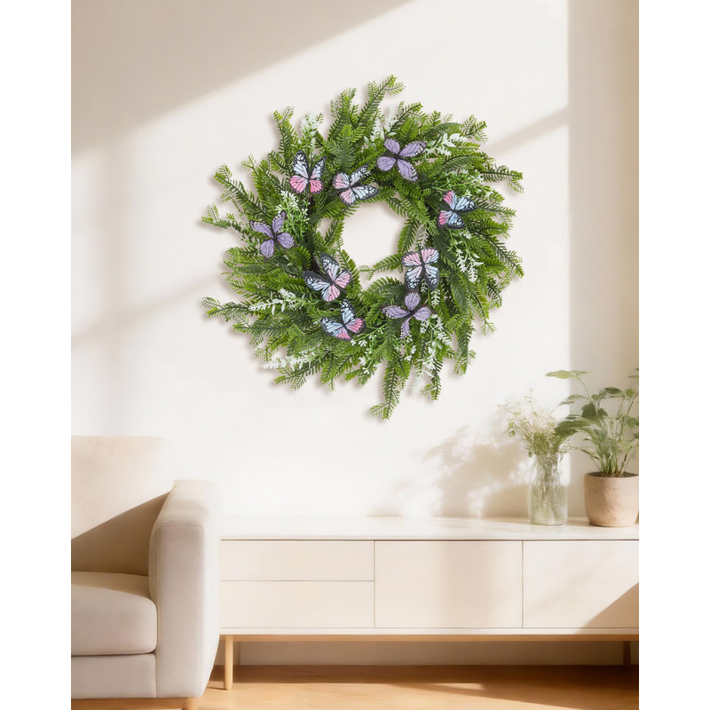 Couronne de buis de 20 pouces pour la porte d'entrée, couronne de printemps artificielle avec feuilles de fougère