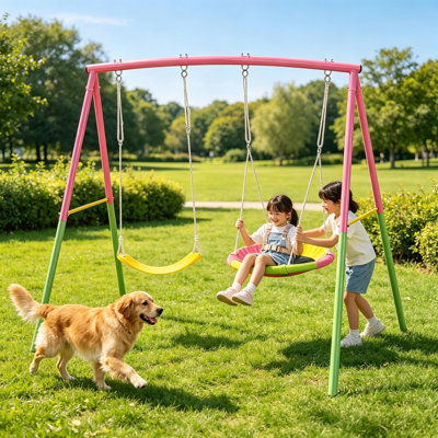 Balançoire extérieure 2 en 1 pour enfants | Cadre en A large | Comprend une balançoire soucoupe de 84 cm et une balançoire à ceinture en forme de U de 66 cm | Capacité de charge : 118 kg | Piquets de fixation au sol pour une stabilité optimale | Rose/vert/jaune
