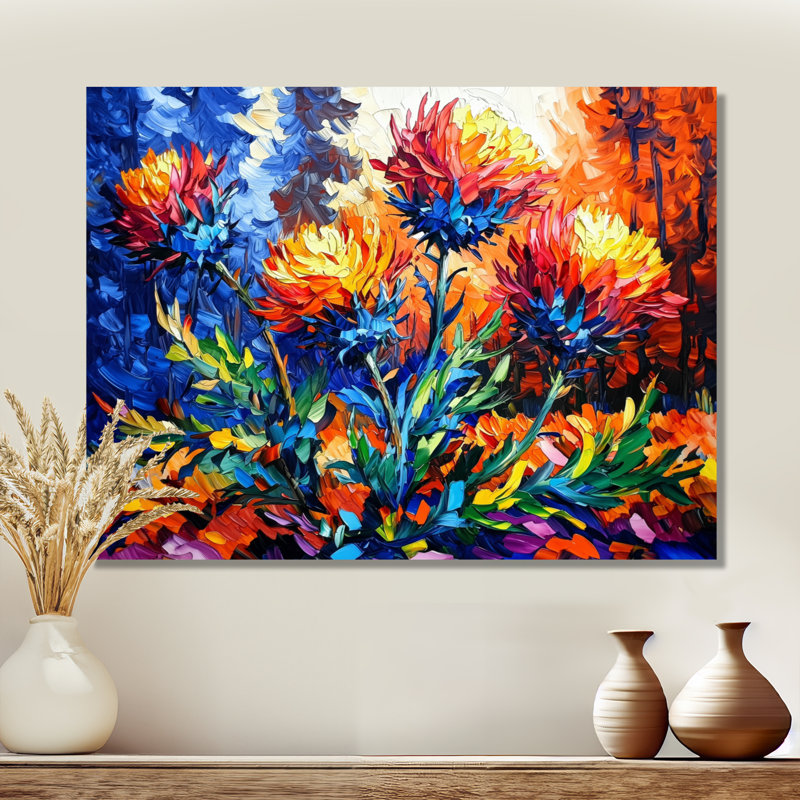 Fleur de chardon orange et bleu I - décor floral en métal, impression de chardon, H 12 po x l 20 po