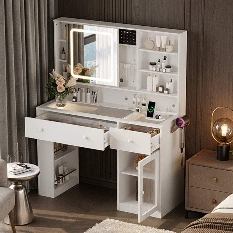 Lighted Vanity Table - LED 3-Color Touch Mirror, Glass Top, 2 Drawers, White