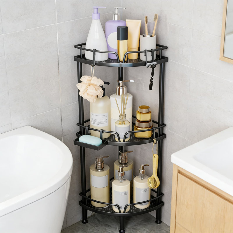 Corner Shower Caddy With Adjustable Feet - 3-Tier Rustproof Steel Organizer And Soap Holder, Black 