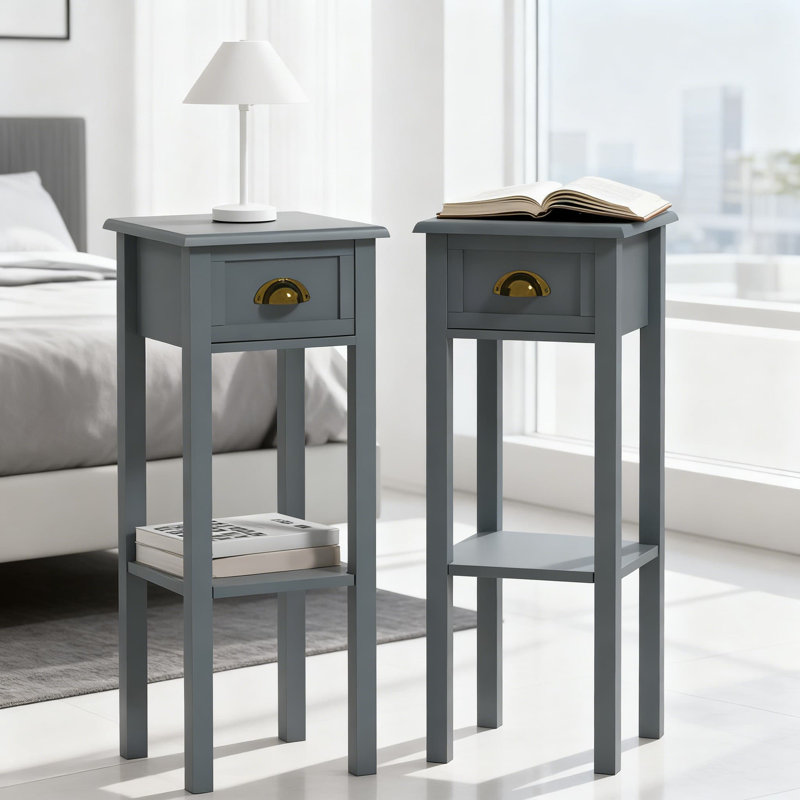 Table de bout à 2 niveaux avec tiroir et tablette inférieure, table d'appoint étroite pour le rangement dans le salon, ensemble de 2