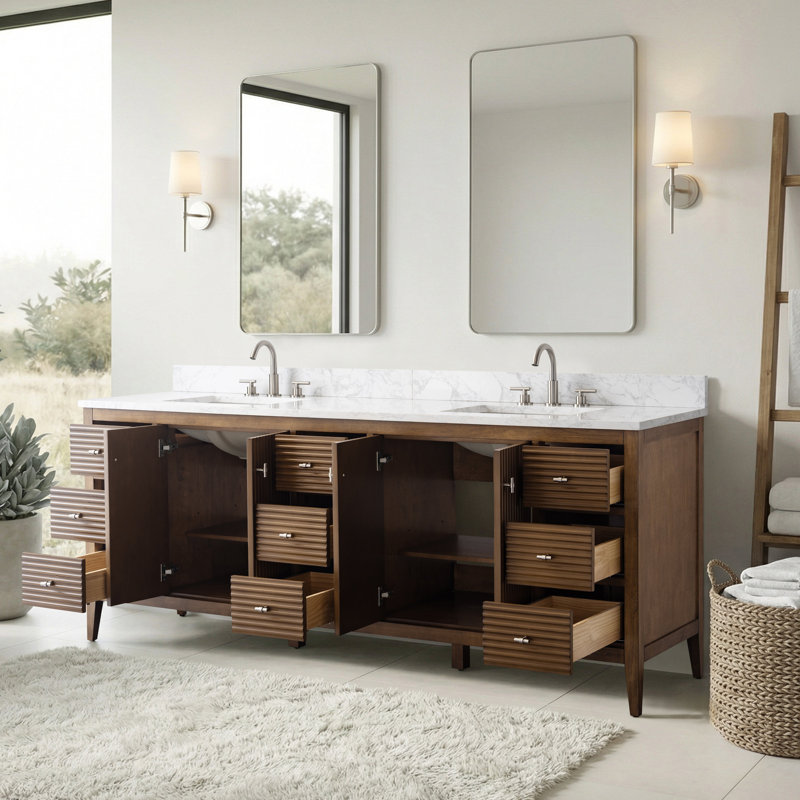 Ensemble de meuble-lavabo autoportant à double cuve 84 po avec plateau en marbre Lavallon, Noyer linéaire, Nickel brossé