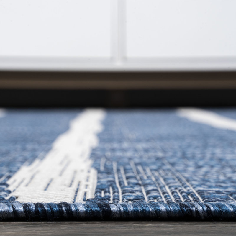 London Berber Stripe Blue/Ivory Indoor/Outdoor Rug, Rectangle 10' x 14'
