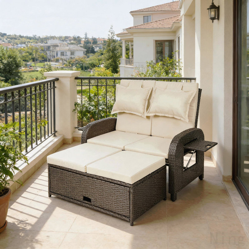 Lit de jour d'extérieur en osier, canapé convertible inclinable 3 en 1, lit de jour en rotin, Beige