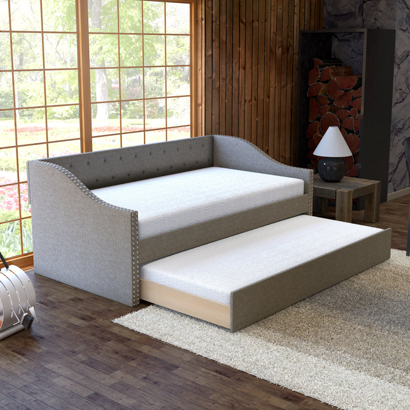 Manchester Upholstered Daybed with Pull Out Trundle, Twin Size, Tufted Backboard, , Grey Linen
