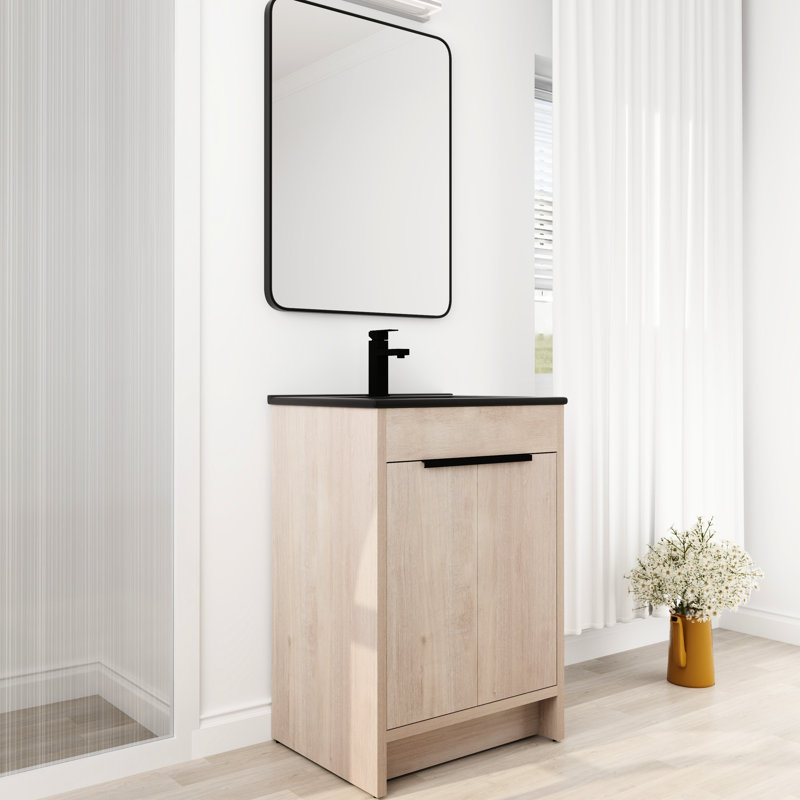 Meuble-lavabo de salle de bain autoportant 24 po avec lavabo et portes en céramique noire - élément d'ingrédient à fermeture en douceur 24 po