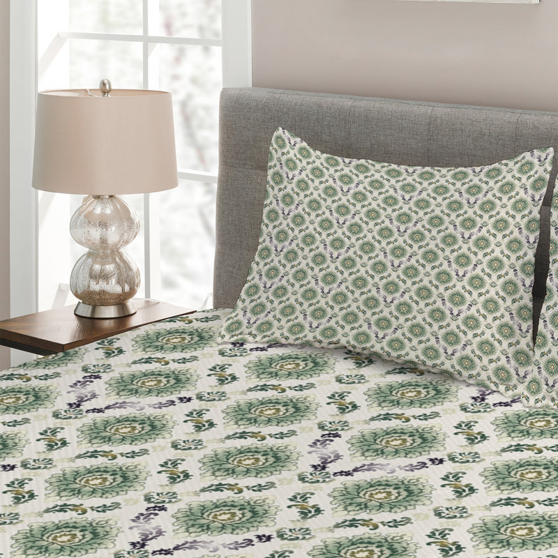 Farmhouse / Country Polyester Damask Coverlet, King Bedspread + 2 Shams, Green