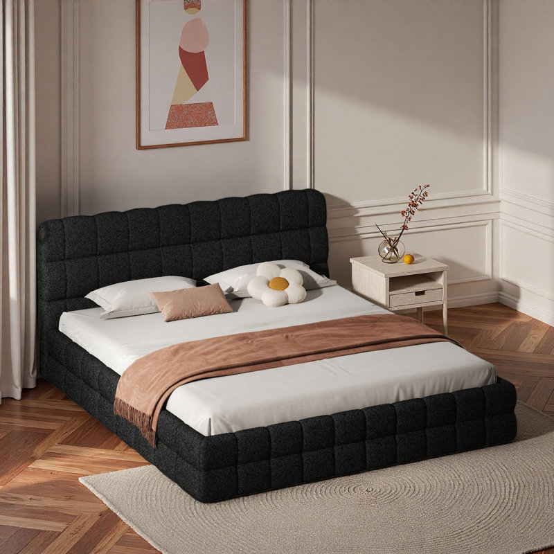 Élégant lit plateforme tapissier avec coutures et soutien solide, Noir
