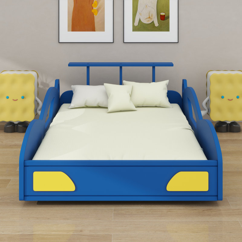 Lit plateforme en forme de voiture, Bleu et jaune