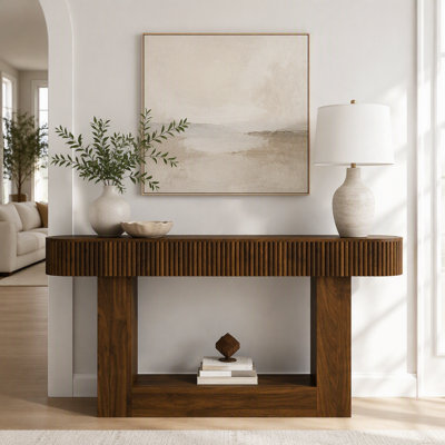Console table, wooden rectangular sofa table behind the sofa, farmhouse entryway table, hallway, living room.Narrow Hallway AccentTable for Living Roo