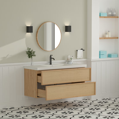 Meuble-lavabo mural simple flottant en chêne naturel 48 po Mira avec plateau en composite en résine intégrée Mira