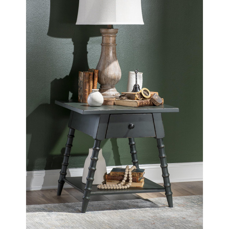 Country Living Vintage Market Splayed Bobbin Leg End Table with Drawer and Shelf, Green