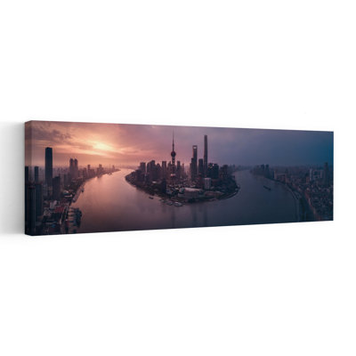 Shanghai Skyline Glow by Javier De La - Wrapped Canvas Panoramic Print