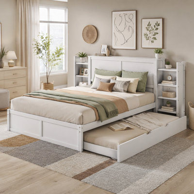 Queen Size Storage Platform Bed with Pull Out Shelves and Twin XL Size Trundle