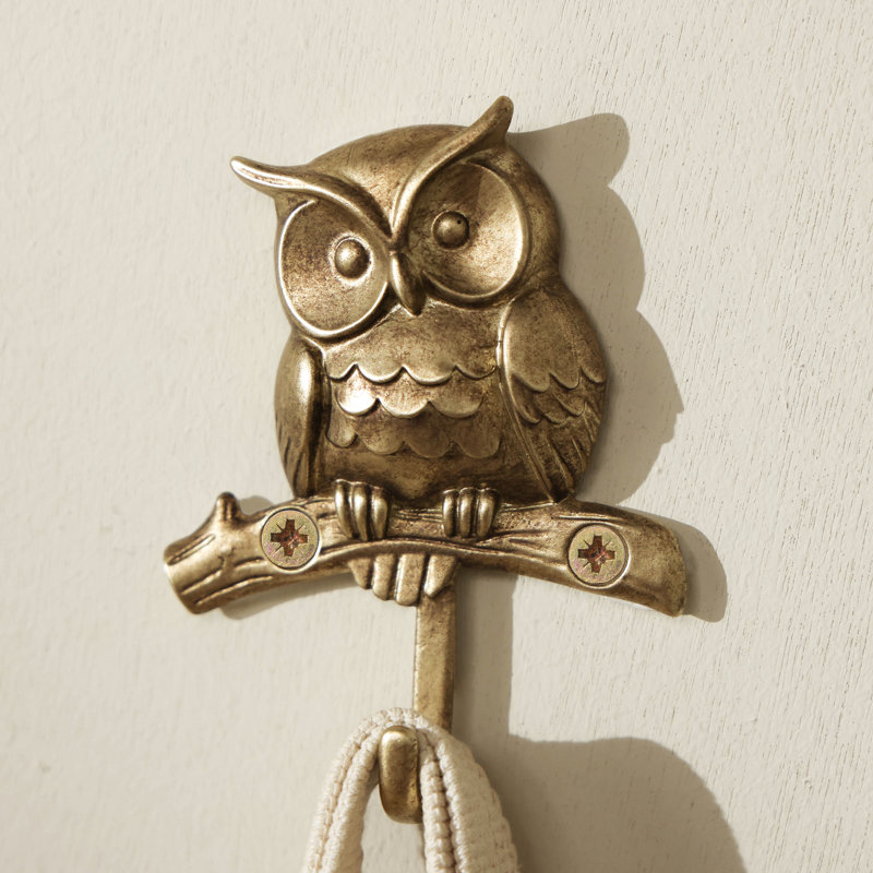 Sculpture murale en métal doré représentant un hibou à tête inclinée sur une branche (2 pièces), crochet mural utilitaire