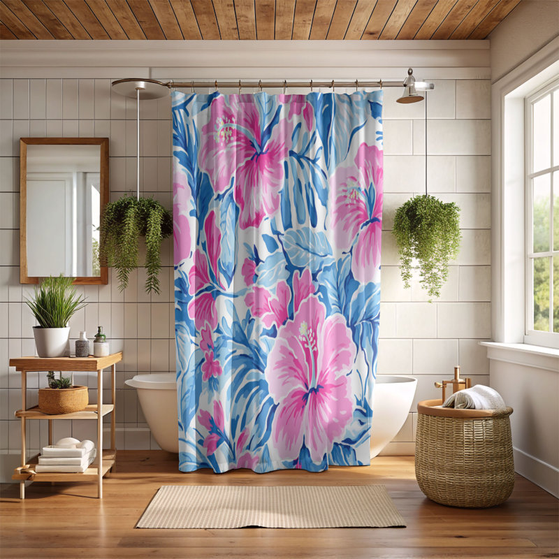 Rideau de douche standard 1 pièce Hibiscus, H 74 po x l 71 po