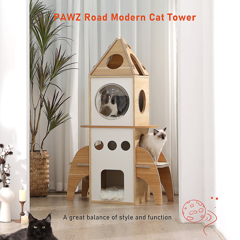 Forme de fusée d'arbre à chat moderne, tour de chat en bois de 54 po à plusieurs niveaux pour les chats d'intérieur, meubles de chat avec 3 condos, boules suspendues, perchoir de grenier