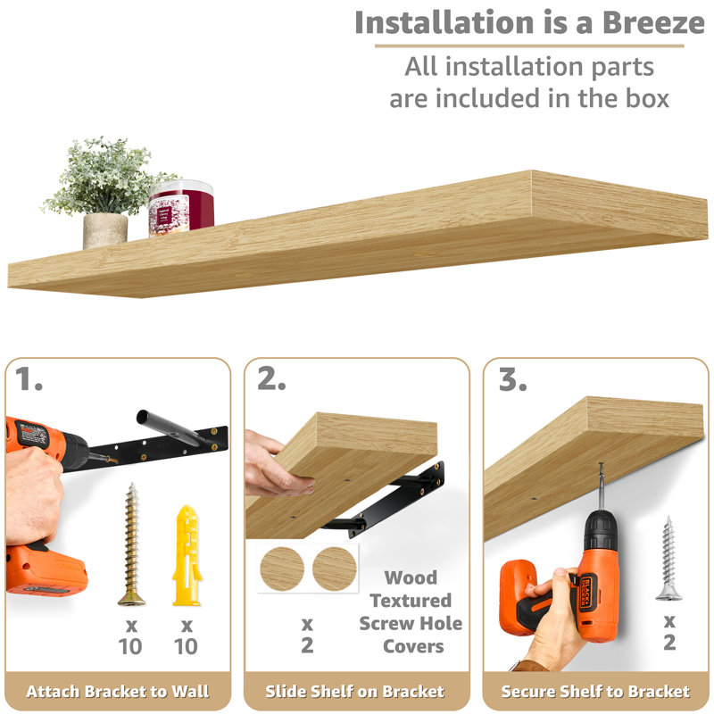 35" Long Floating Shelves with Invisible Mounting Set of 2, Maple Wood