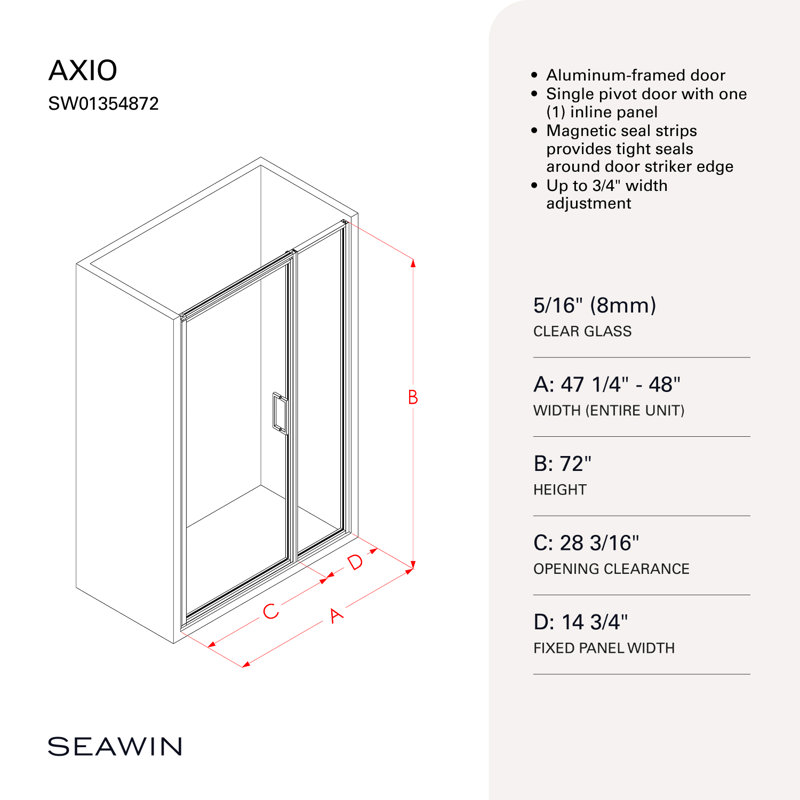 Axio 48 - 48 x 72 po Porte de douche pivotante encadrée 5/16 po Verre trempé transparent, Matte Black