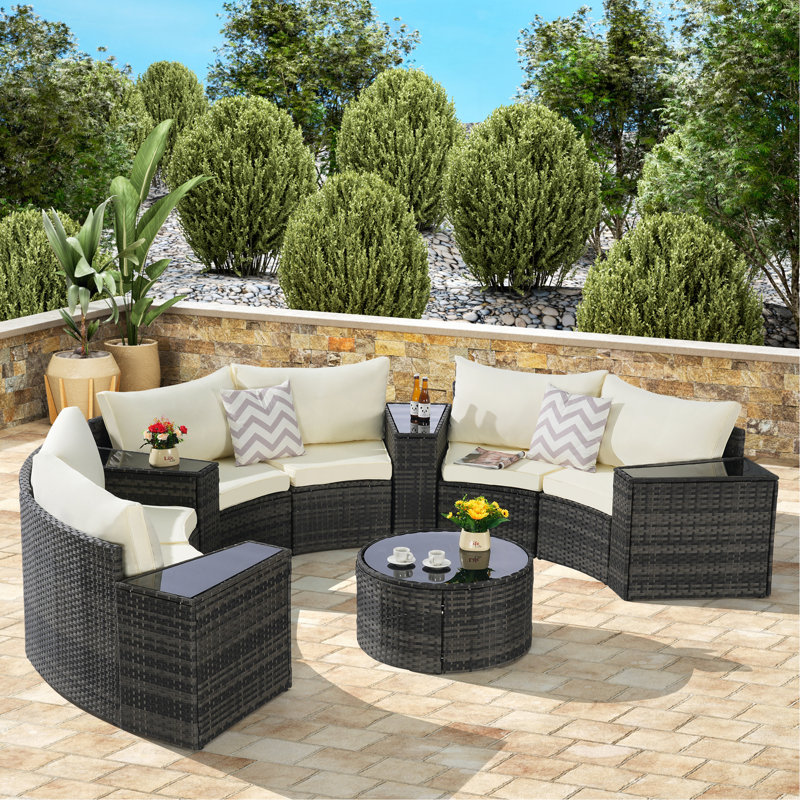 Ensemble de canapé d'extérieur modulaire demi-lune 11 pièces avec table basse ronde en verre trempé, Beige